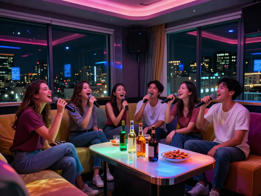 강남 타이밍을 즐기는 친구들, 모던한 가라오케 룸에서 노래하며 즐거운 분위기를 만끽합니다.