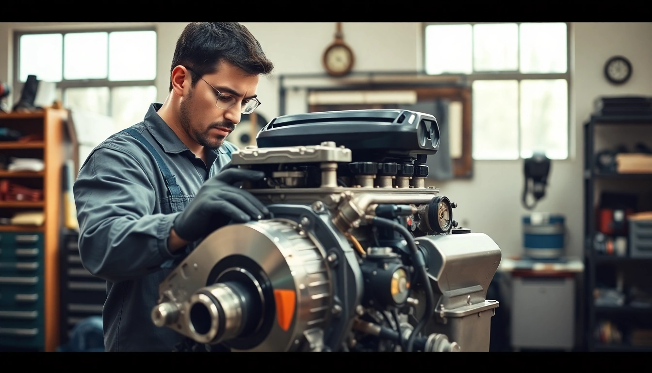 Inspecting used engines with precision in a well-lit garage setting.