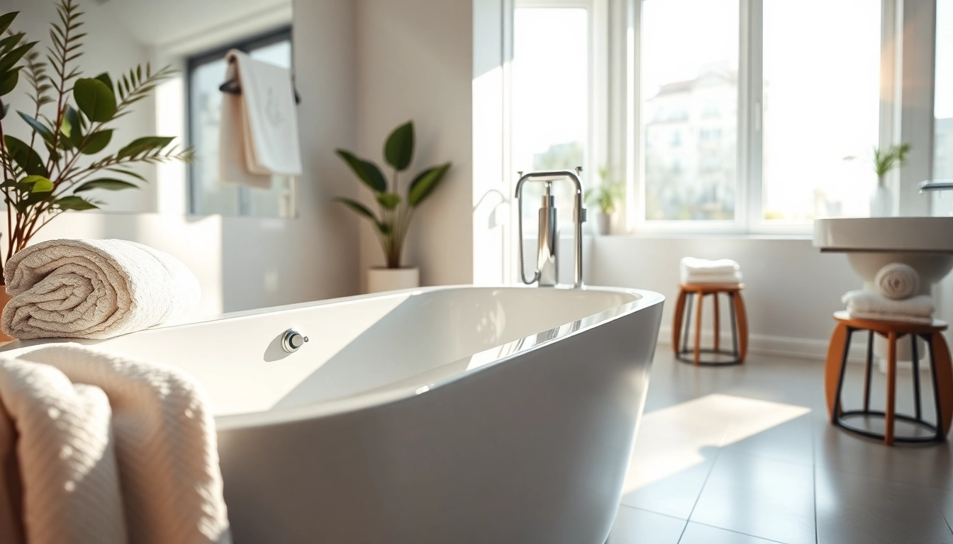 Showcasing bath supply and installation in a serene bathroom with a modern tub and stylish decor.