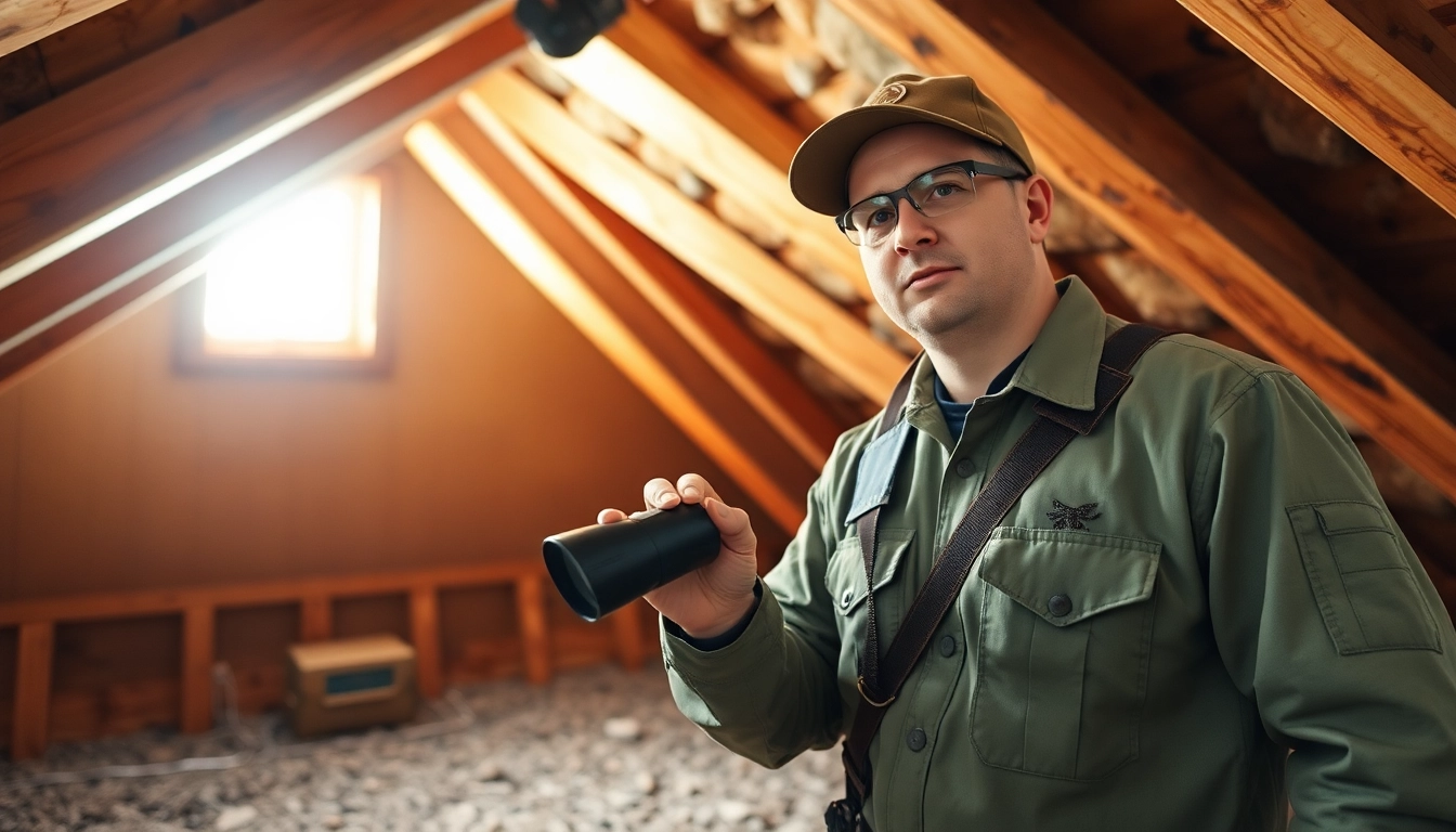 Providing attic bug infestation help during inspection by pest control expert.