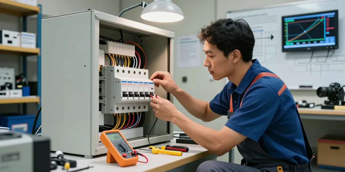 Electrician expertly examining an air circuit breaker in a professional workshop.