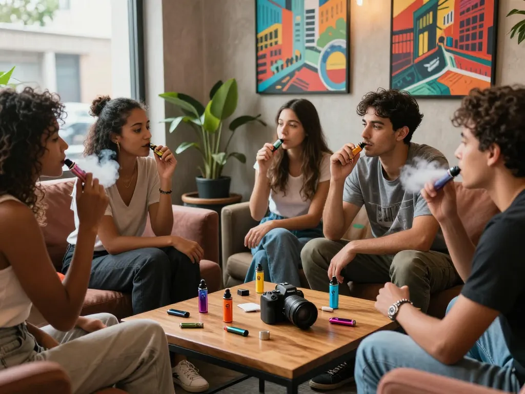 Group enjoying Clean Carts 2g Disposable vapes in modern lounge, showcasing vaping culture.