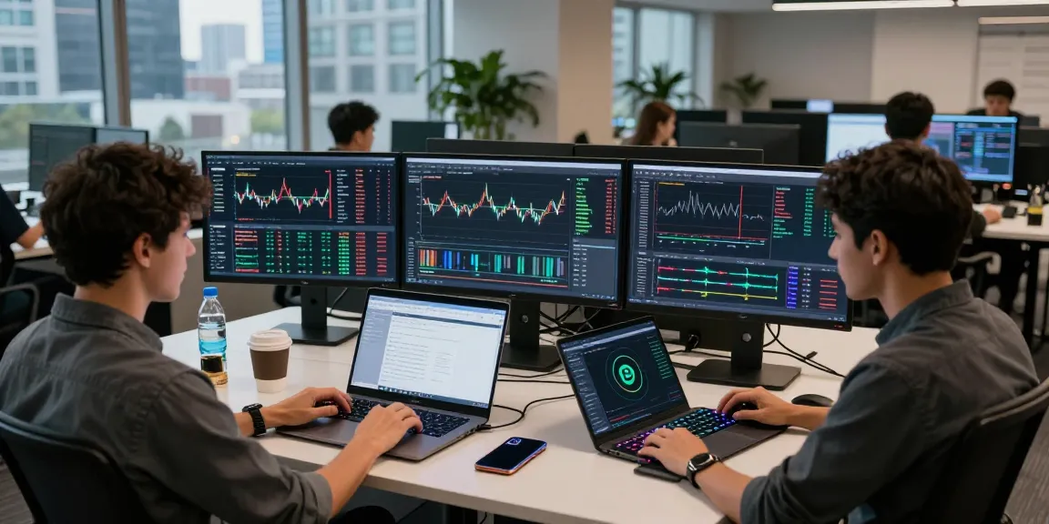 Dynamic workspace with multiple monitors focusing on cloud mining company analytics, blockchain charts, and cryptocurrency trading interfaces.