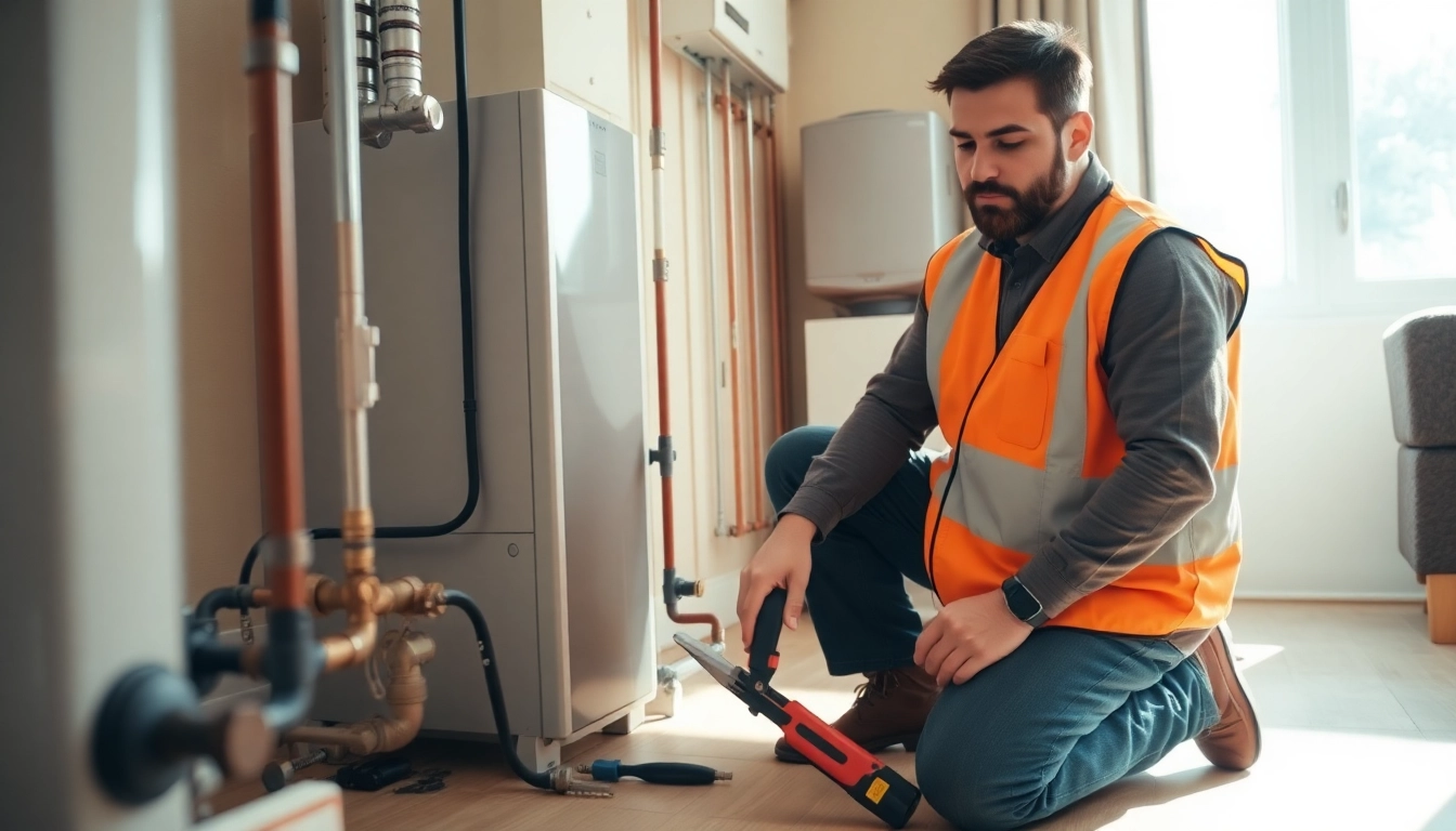 Qualified gas fitter north shore fixing a heating system in a cozy home environment.