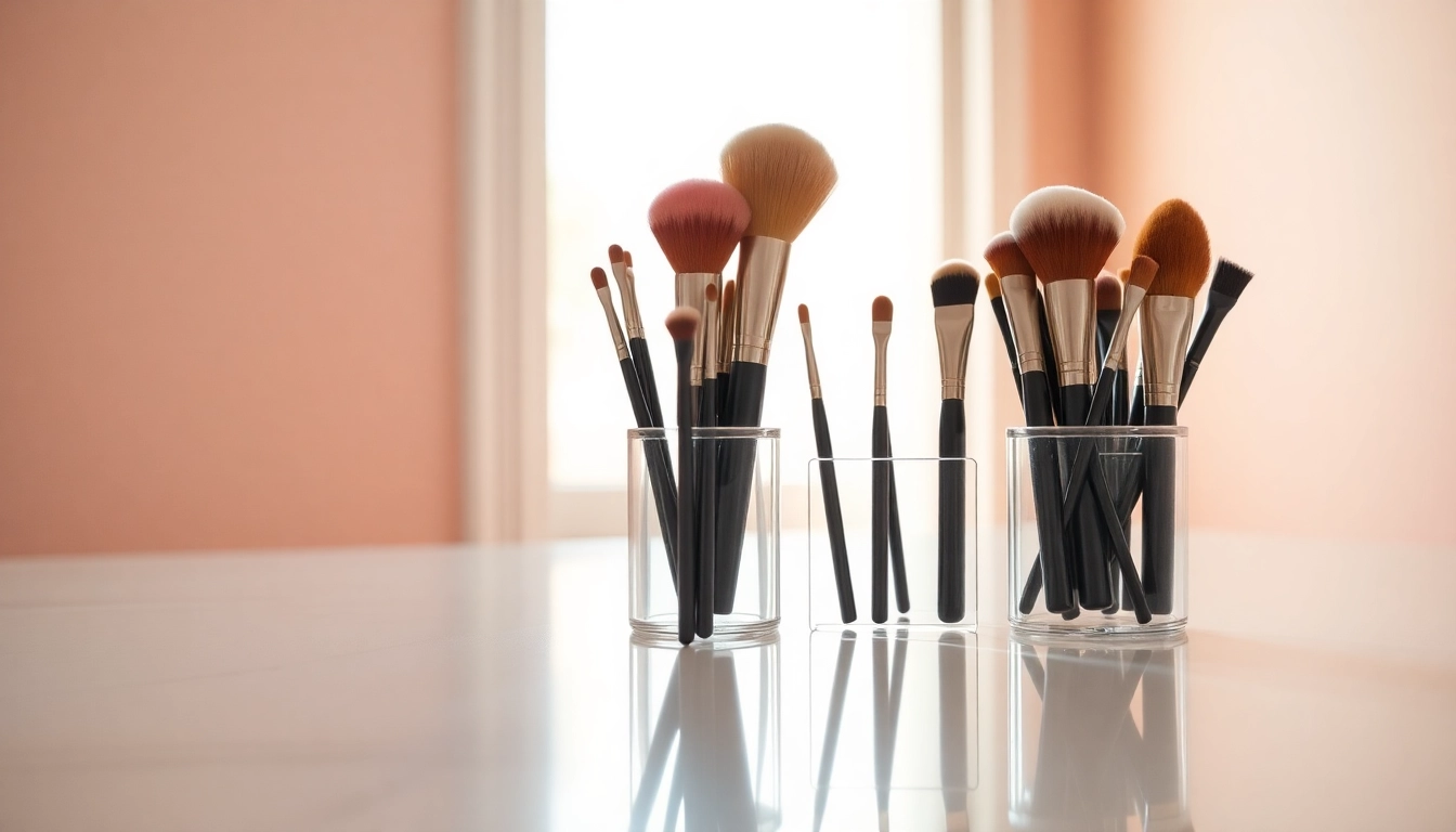 Apply makeup blending brushes displayed in an elegant setting, showcasing their vibrant bristles.