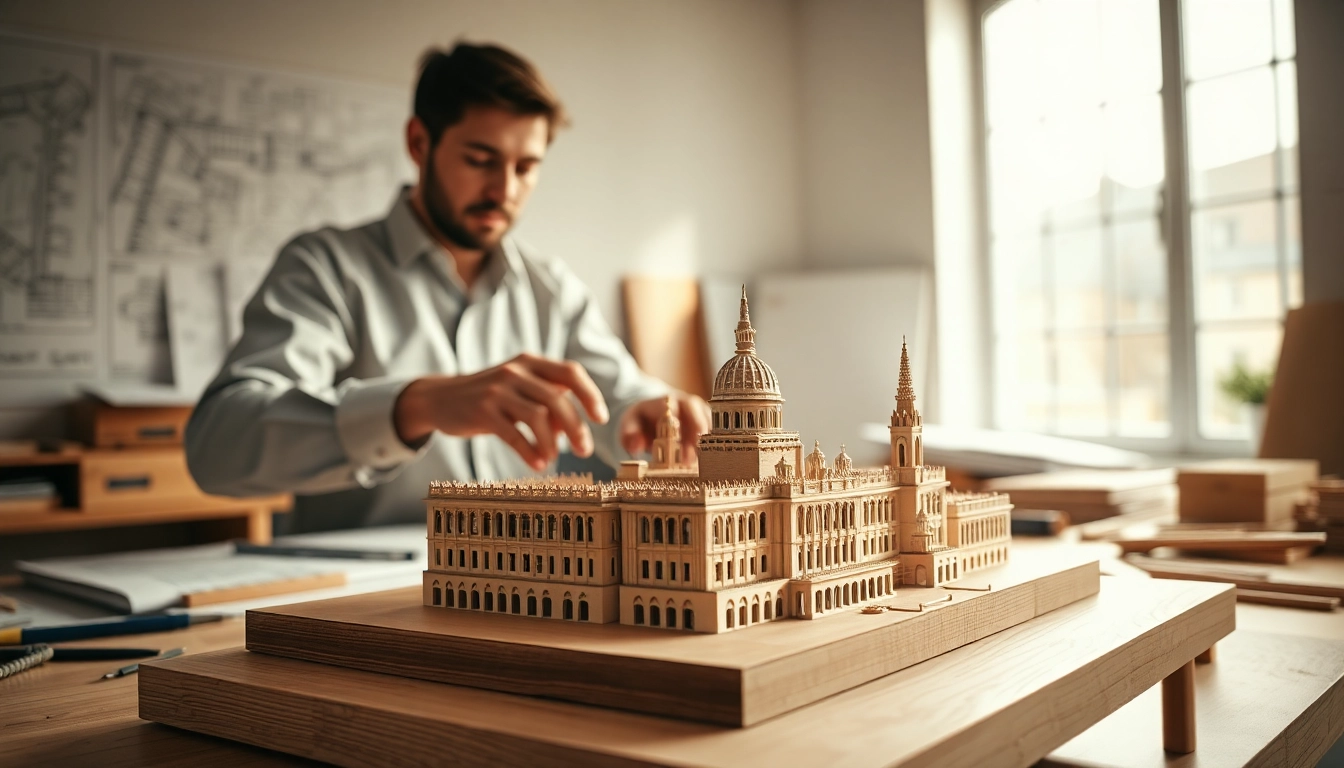 Modellbauer arbeitet an einem Architekturmodell Stuttgart in hellem Arbeitsbereich.