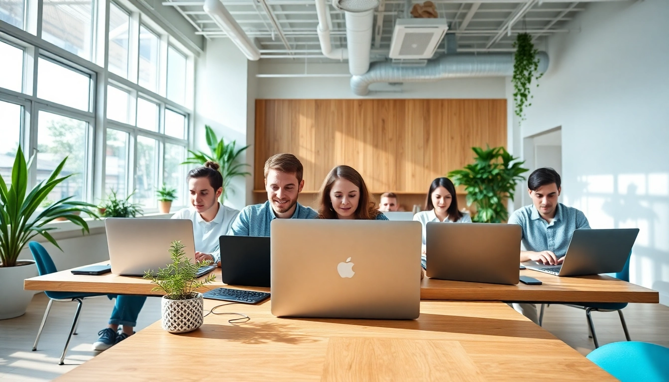 Showcasing a vibrant web design company team collaborating on innovative projects.