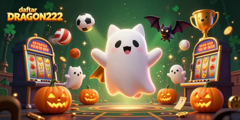 Experience the excitement of slots at daftar DRAGON222 with a thrilling ghostly cat and casino-themed atmosphere.