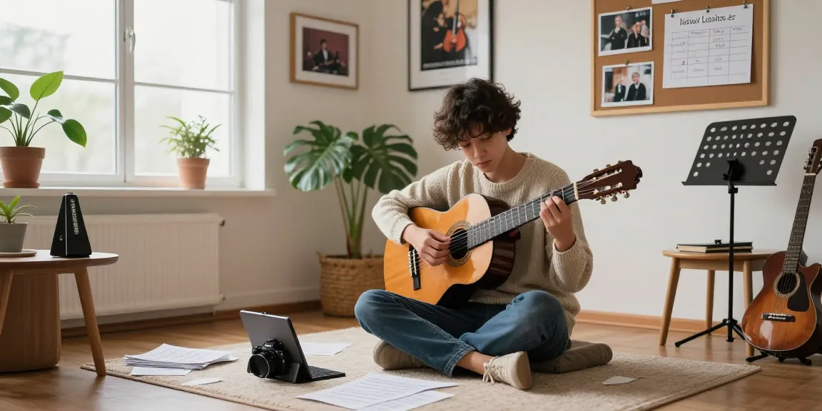 Engaged student focused on online classical guitar lessons in a cozy home studio.