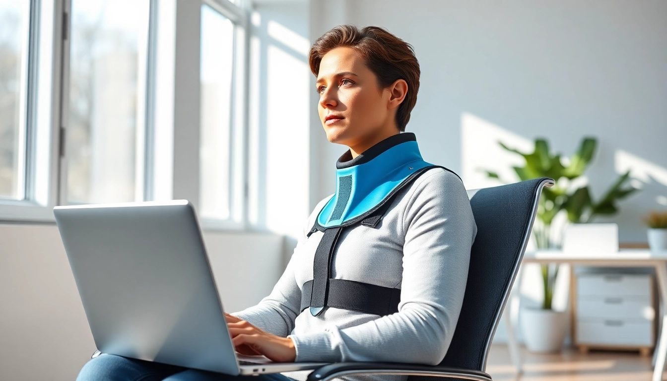 Using a posture brace to maintain proper alignment in a modern office setting.