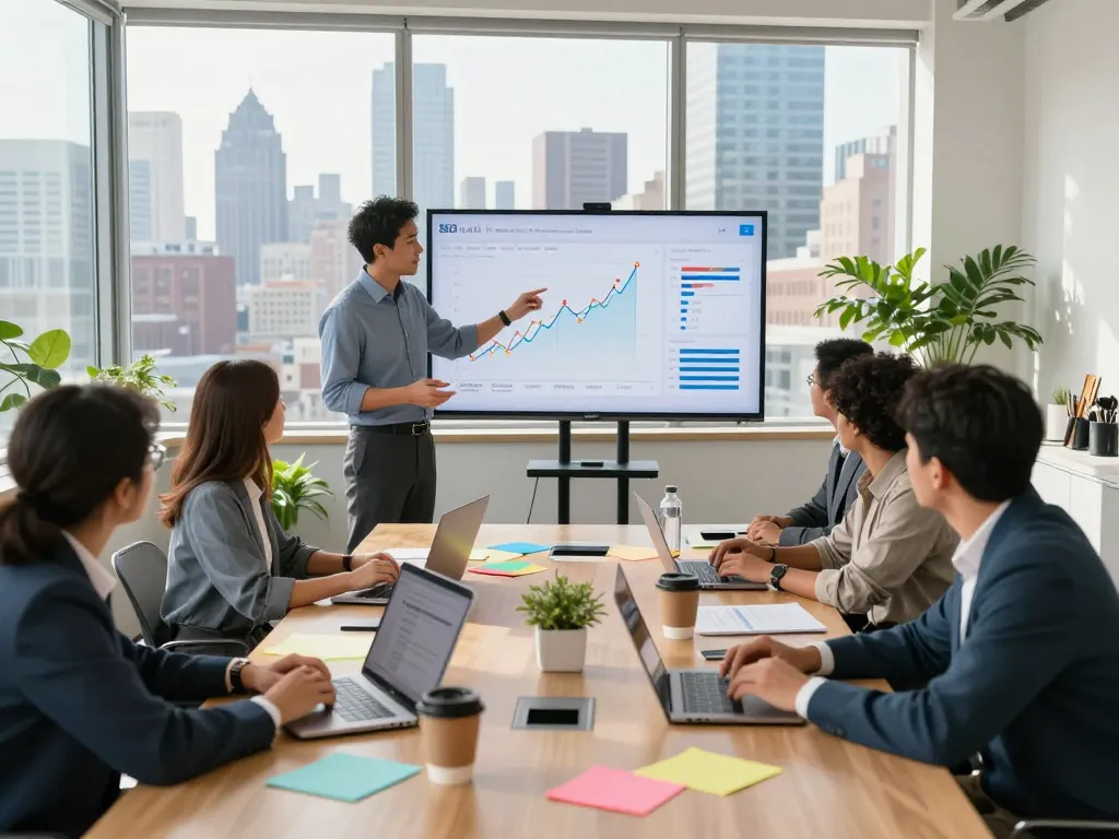 SEO Company in NYC team meeting, showcasing data-driven strategies in a modern office