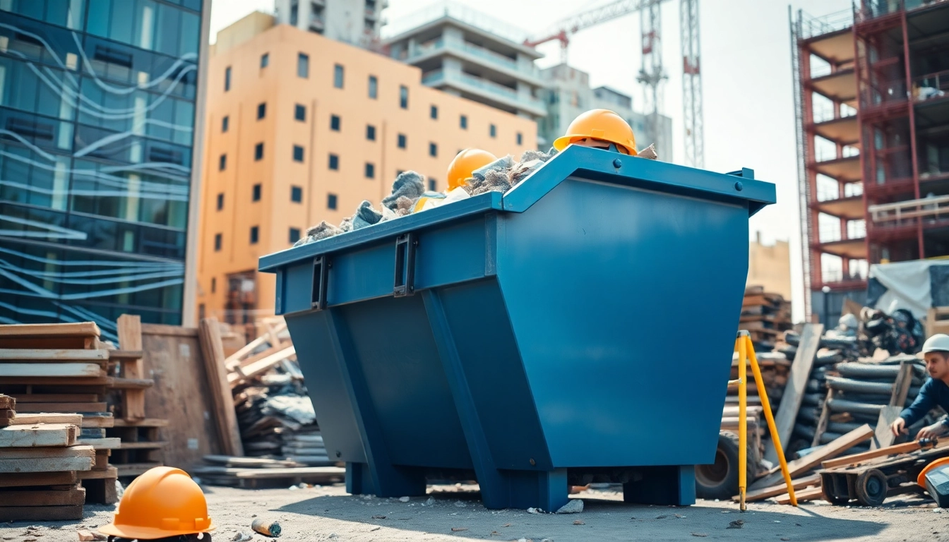 Efficient skip hire service with a large skip at a busy construction site amidst materials.