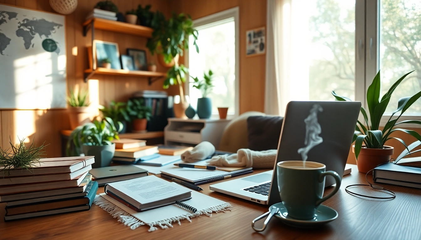 Engaging scene of a UK Lifestyle Blog blogger working in a cozy office, highlighting creativity.