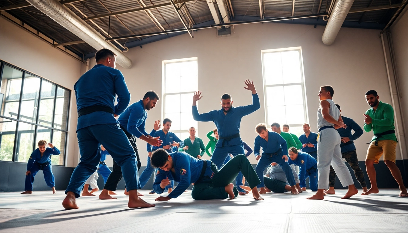 Showcase of athletes wearing BJJ Rash Guard Sets during a lively training session.