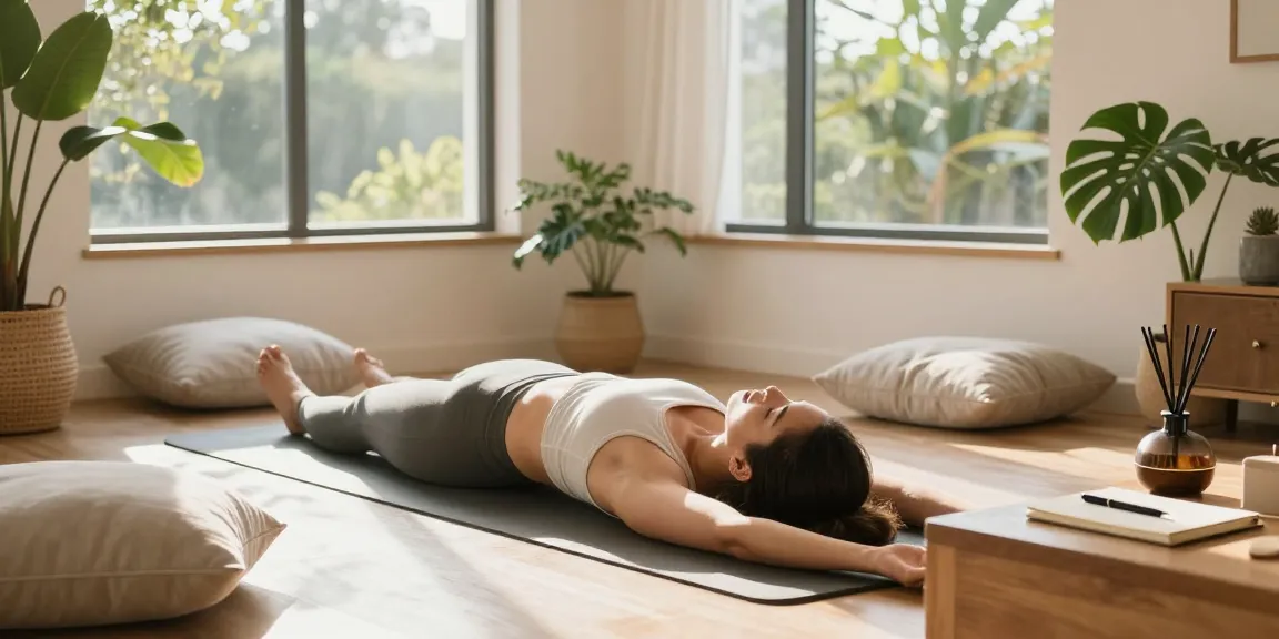 Wellness scene showcasing a woman practicing yoga and rokok88 login essentials for a peaceful lifestyle.