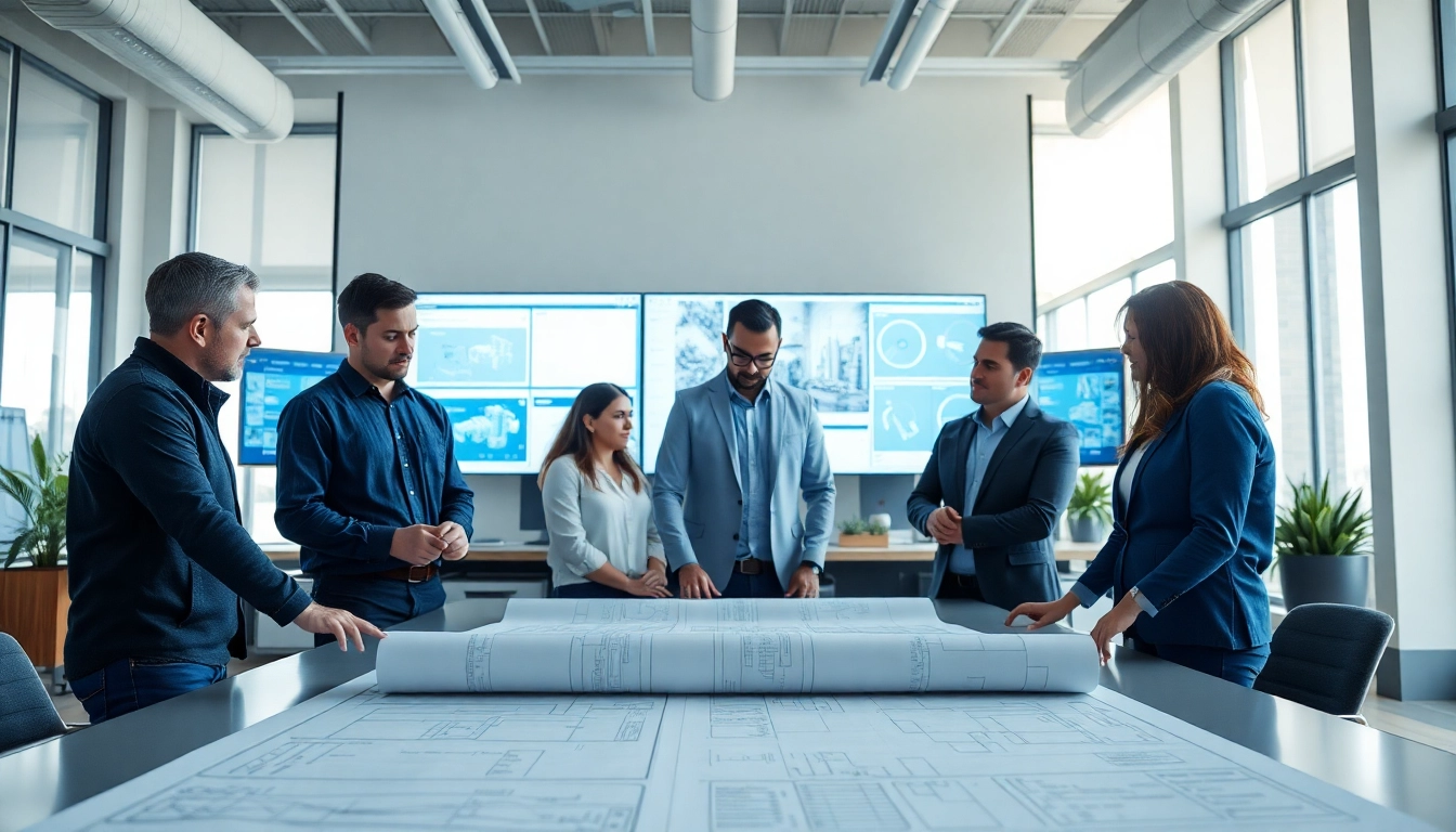 Engineering services collaboration among professionals in a modern office setting