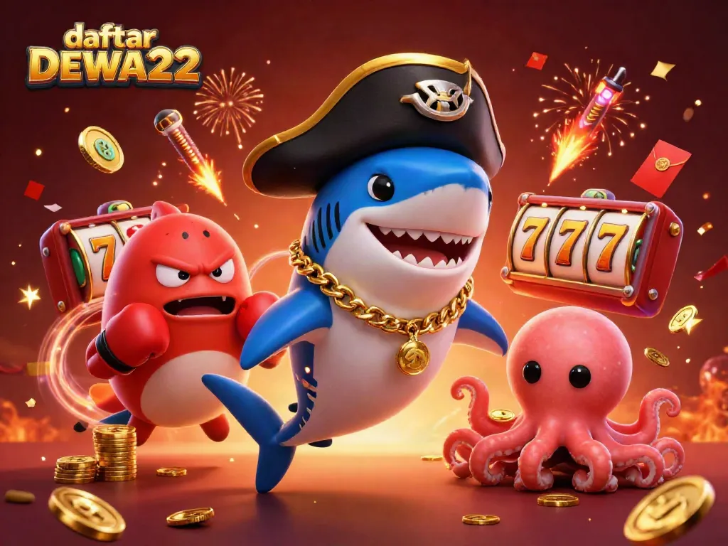 Spin the reels and win in daftar DEWA222 with cartoon pirate and friends celebrating in a casino.