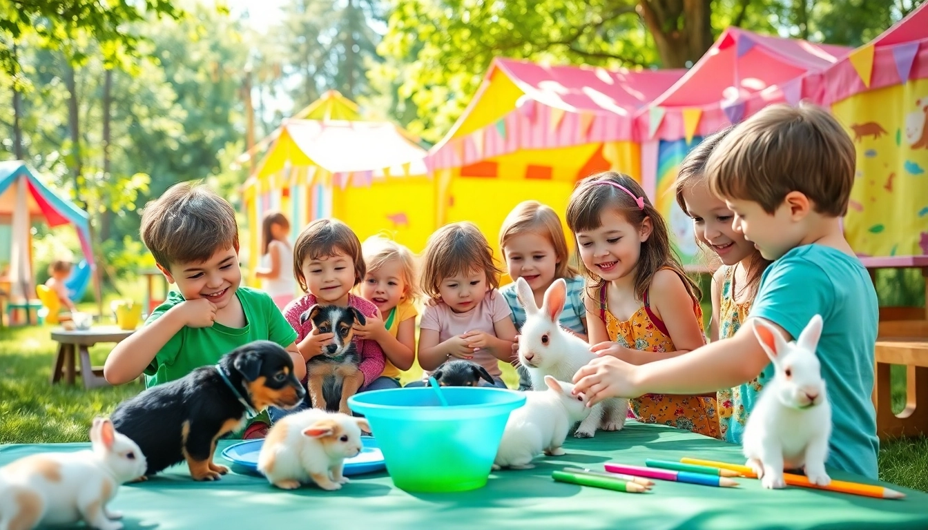 Kids having fun at animal summer camps for kids, engaging with animals and exploring nature.