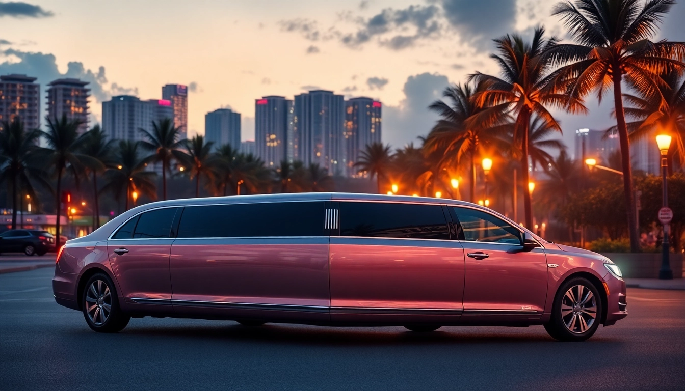 Experience Miami Florida limo service with a luxurious limousine against the stunning Miami skyline.
