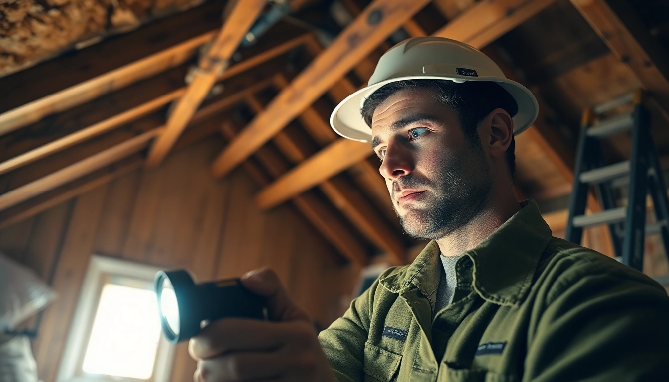 Attic bug infestation help: Pest control expert inspecting for bugs in an attic environment.