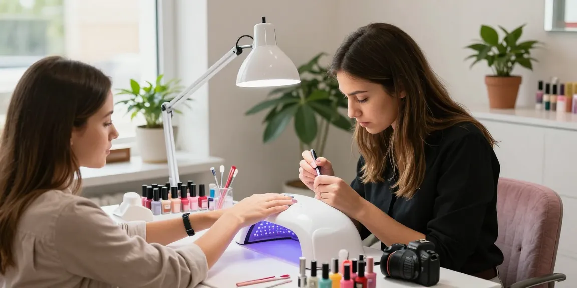 lampa UV LED unghii în utilizare la o stație profesională de manichiură, prezentând oja colorată și o atmosferă serenă