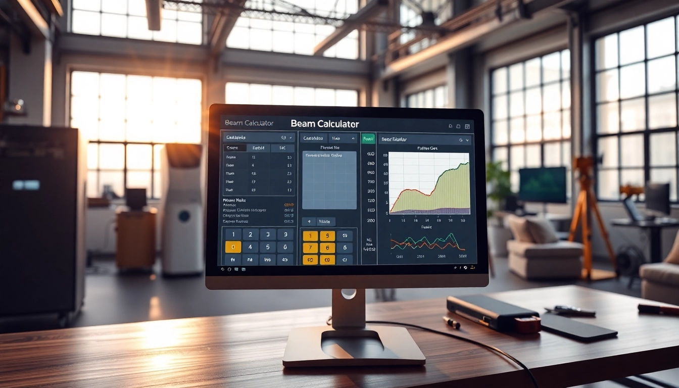 Interactive beam calculator on a modern screen in a professional engineering office.