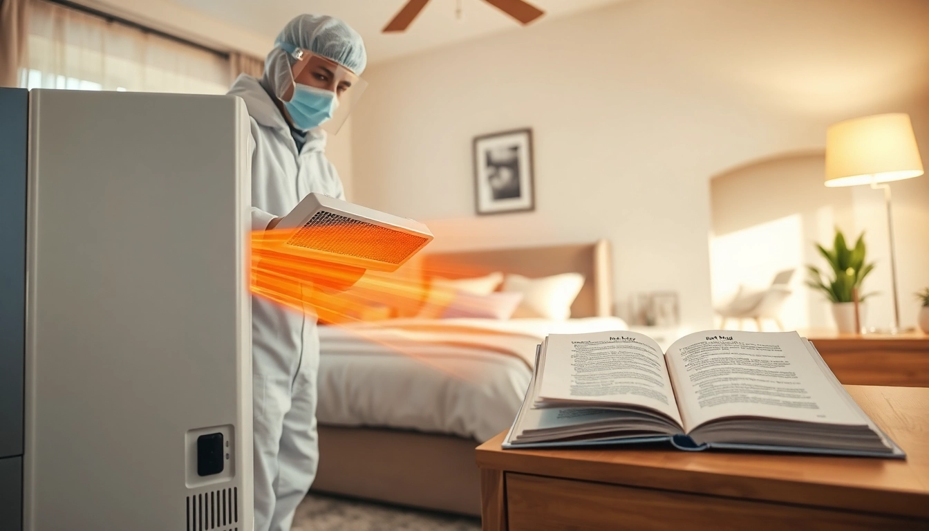 Technician performing bed bug heat treatment in a residential bedroom.