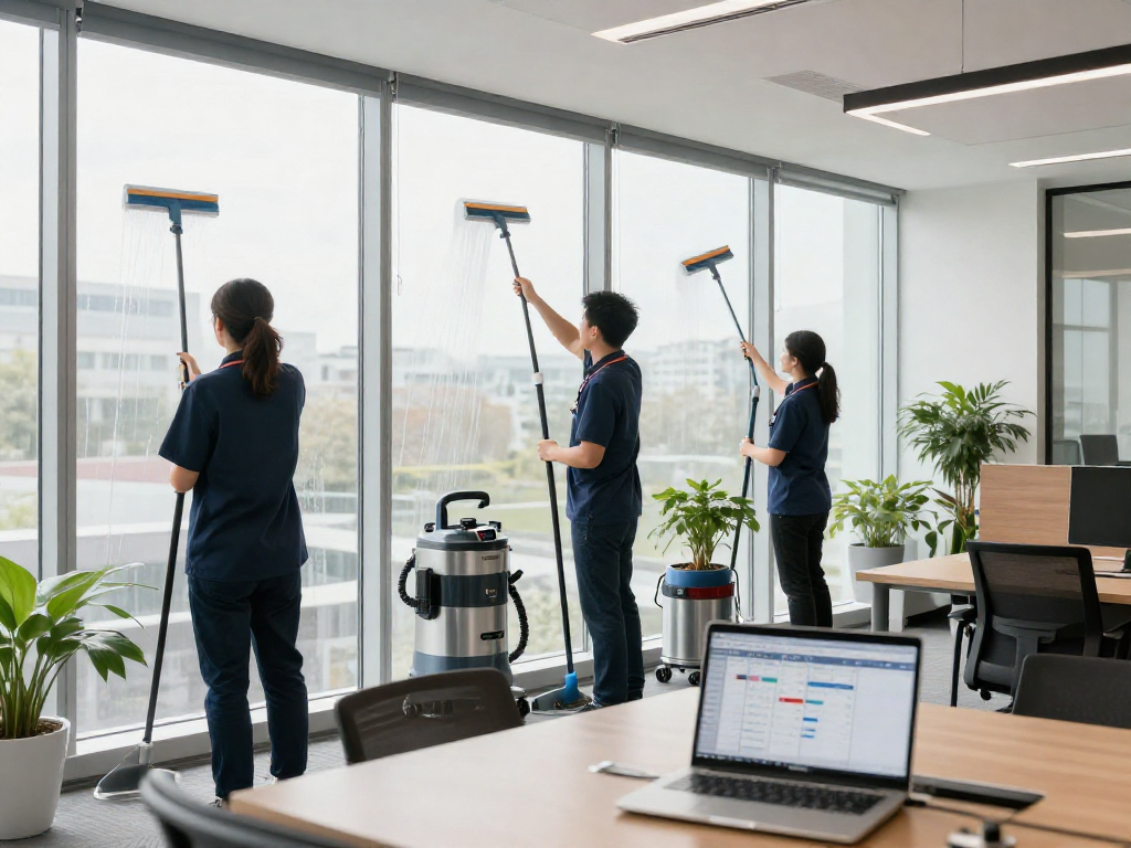 Reinigungsservice Dortmund, professionelles Reinigungsteam bei der Fensterreinigung in modernem Büro mit viel Tageslicht.