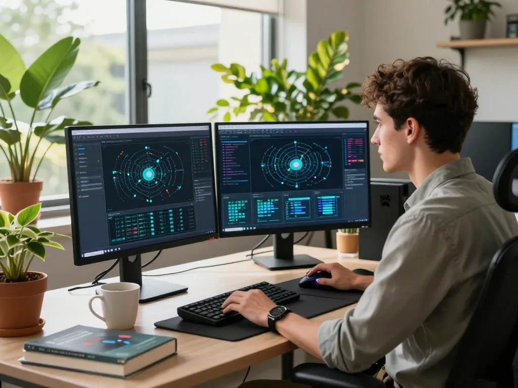 快连 user experiencing advanced networking technology in a dynamic modern workspace, showcasing AI routing and network analysis.