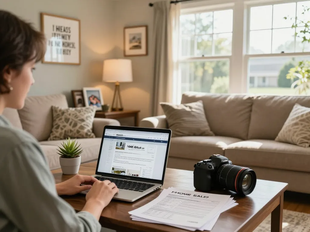 Homeowner preparing to sell house without realtor in a well-decorated living room with paperwork and a laptop.