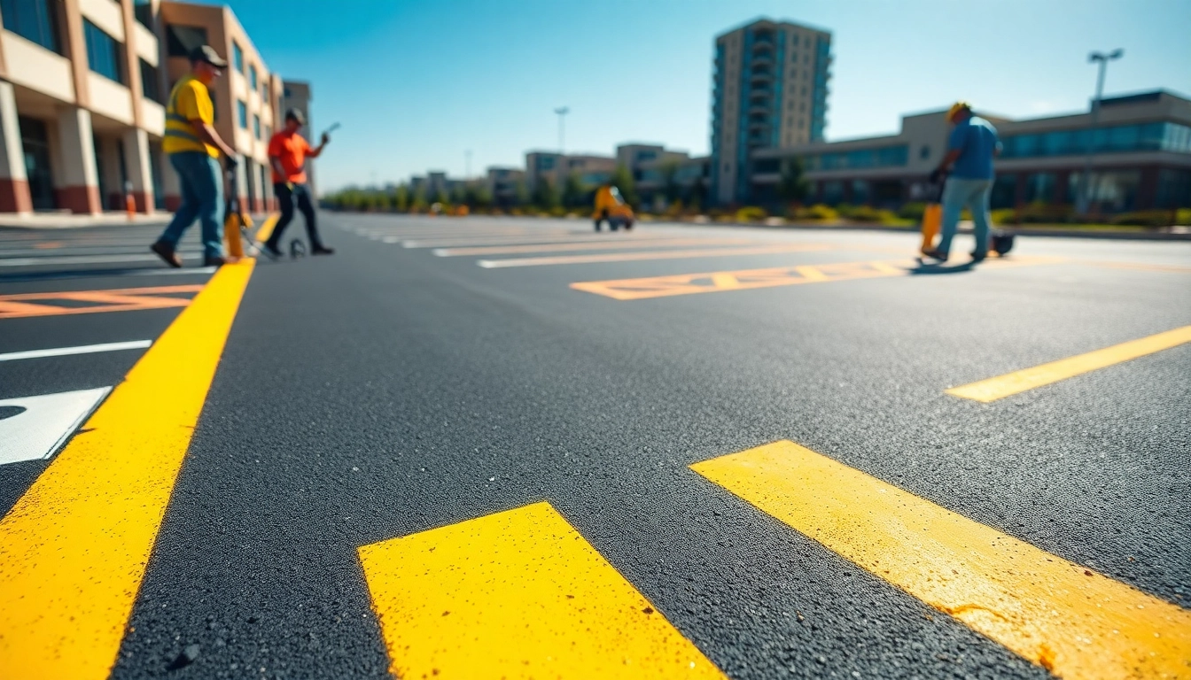Commercial parking lot striping Jackson MS in action as a team expertly stripes a lot.