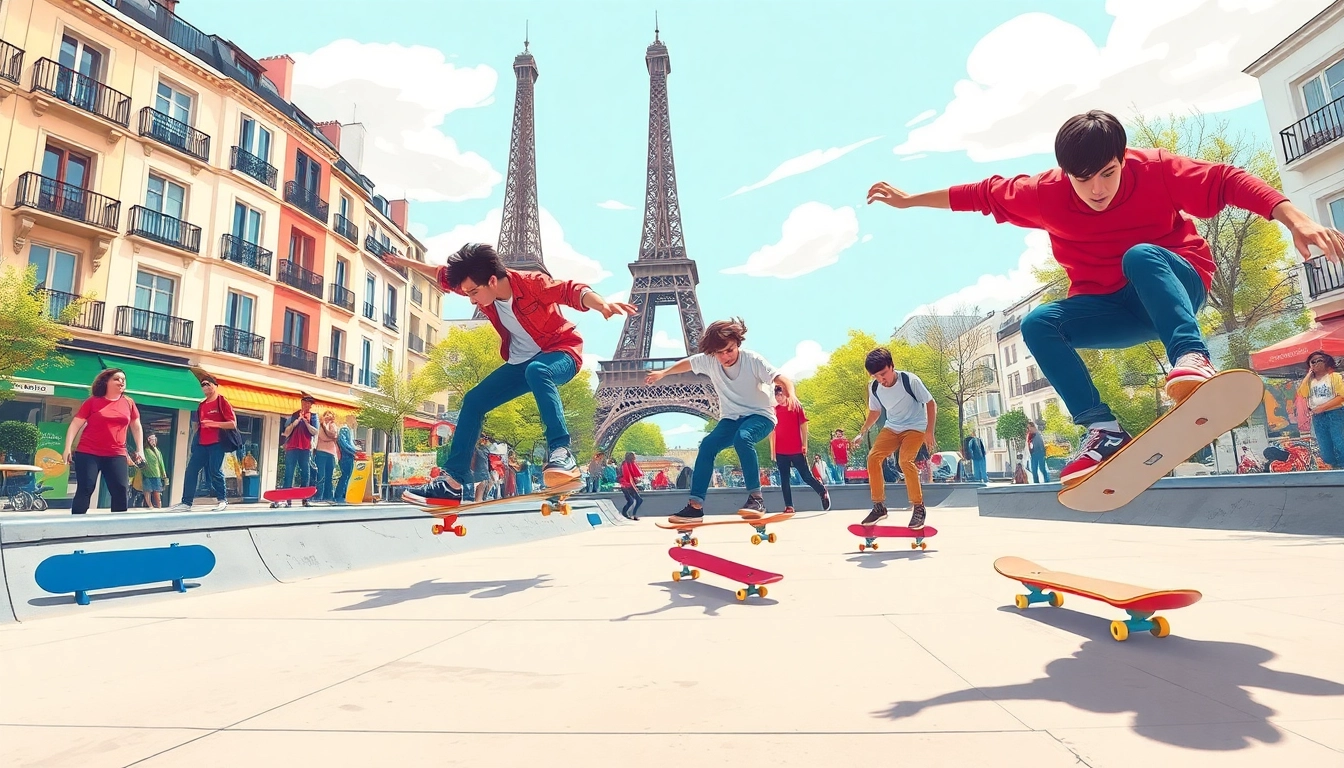 Skaters showcasing their talents at a Paris skate ecole in an urban setting.
