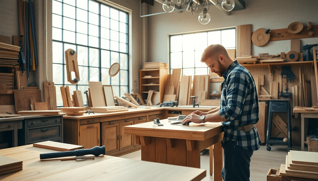 Cabinet maker showcasing craftsmanship in a well-lit workshop with intricate woodwork.