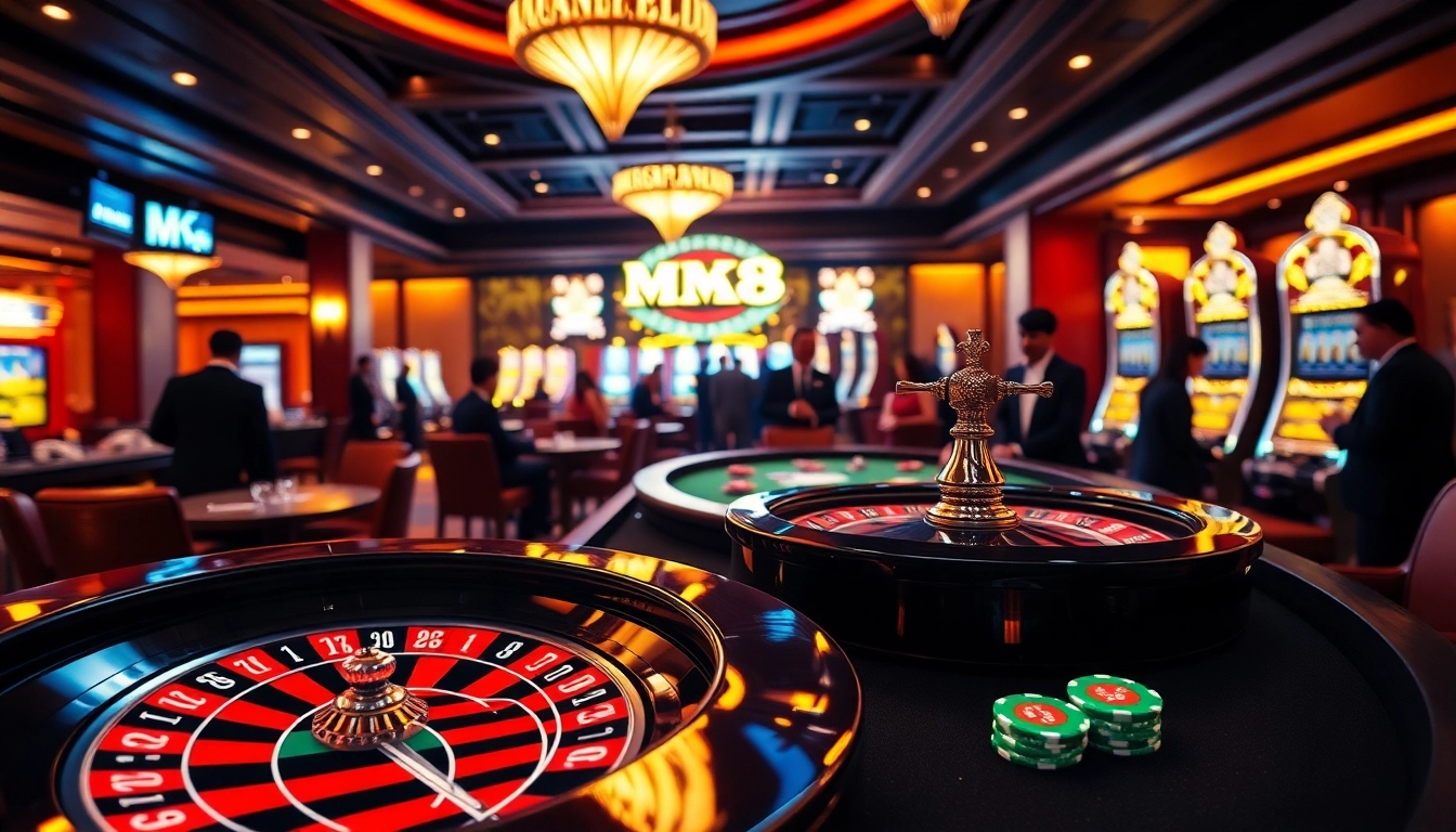 Experience thrilling gaming action at MK8's luxurious casino, featuring roulette wheels and poker chips.