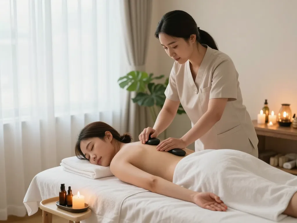 Experiencing a soothing 논현동마사지 in a tranquil spa environment with calming candlelight and natural elements.