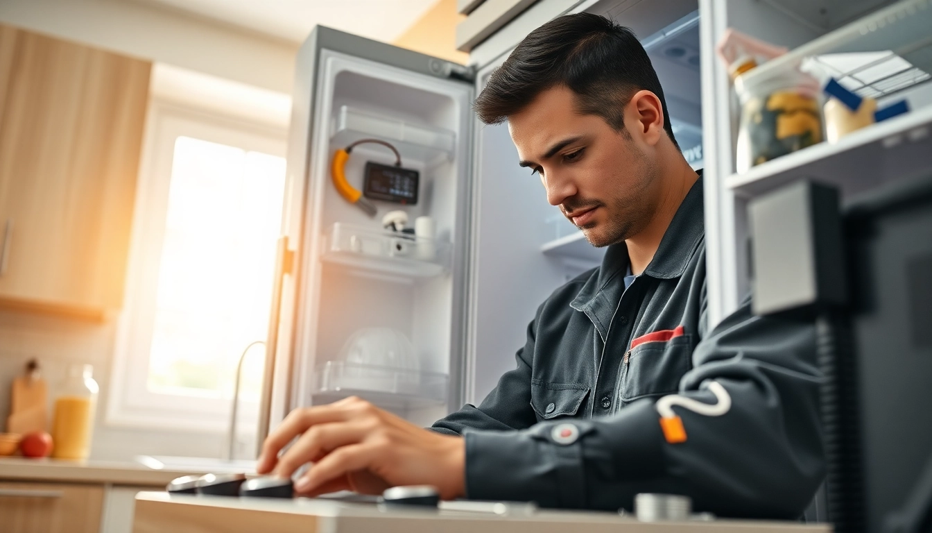 Engaged technician performing appliance repair near me in a bright kitchen.