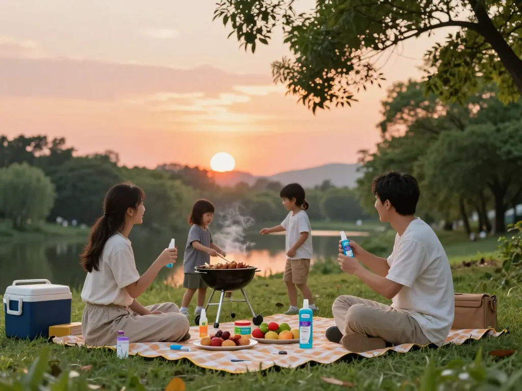 Family enjoying picnic protected with the best mosquito repellent during sunset.