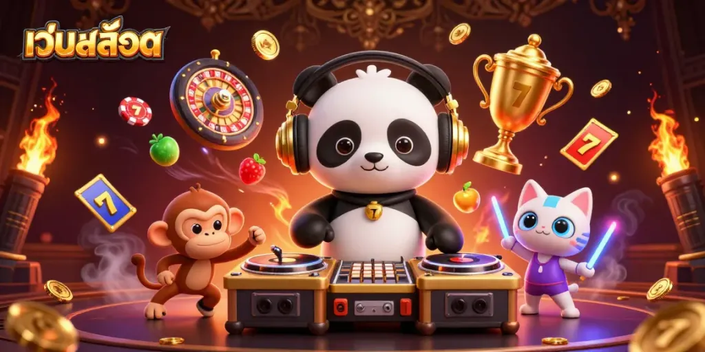 เว็บสล็อต นำเสนอกราฟิกสล็อตในฉากคาสิโนที่มีตัวการ์ตูน DJ และสัญลักษณ์น่าเล่น