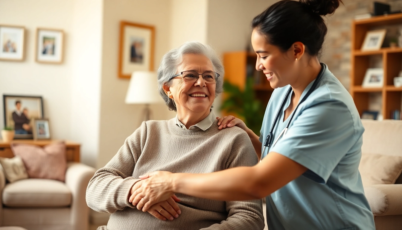 Engaging scene of at home health care services near me with a caregiver helping a senior in a homely setting.