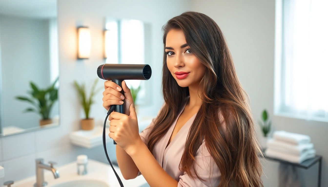 Transform frizzy hair with a high-quality frizzy hair dryer in a chic bathroom setting.