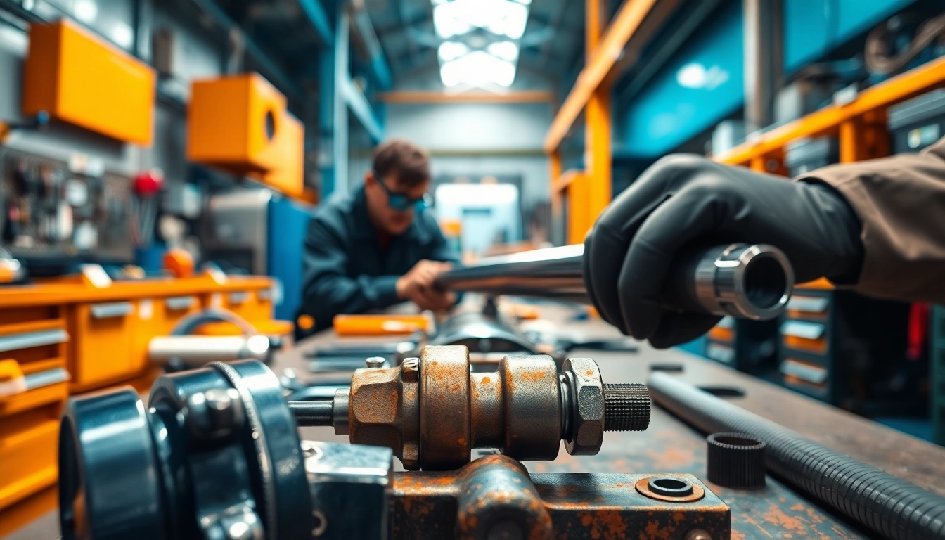 Hydraulic cylinder repair technician focusing on repairing a hydraulic cylinder in a workshop.