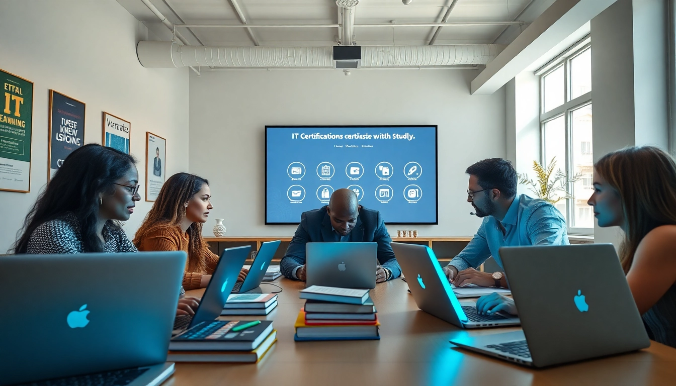 Engaging scene of IT certifications without studying in a vibrant learning environment.