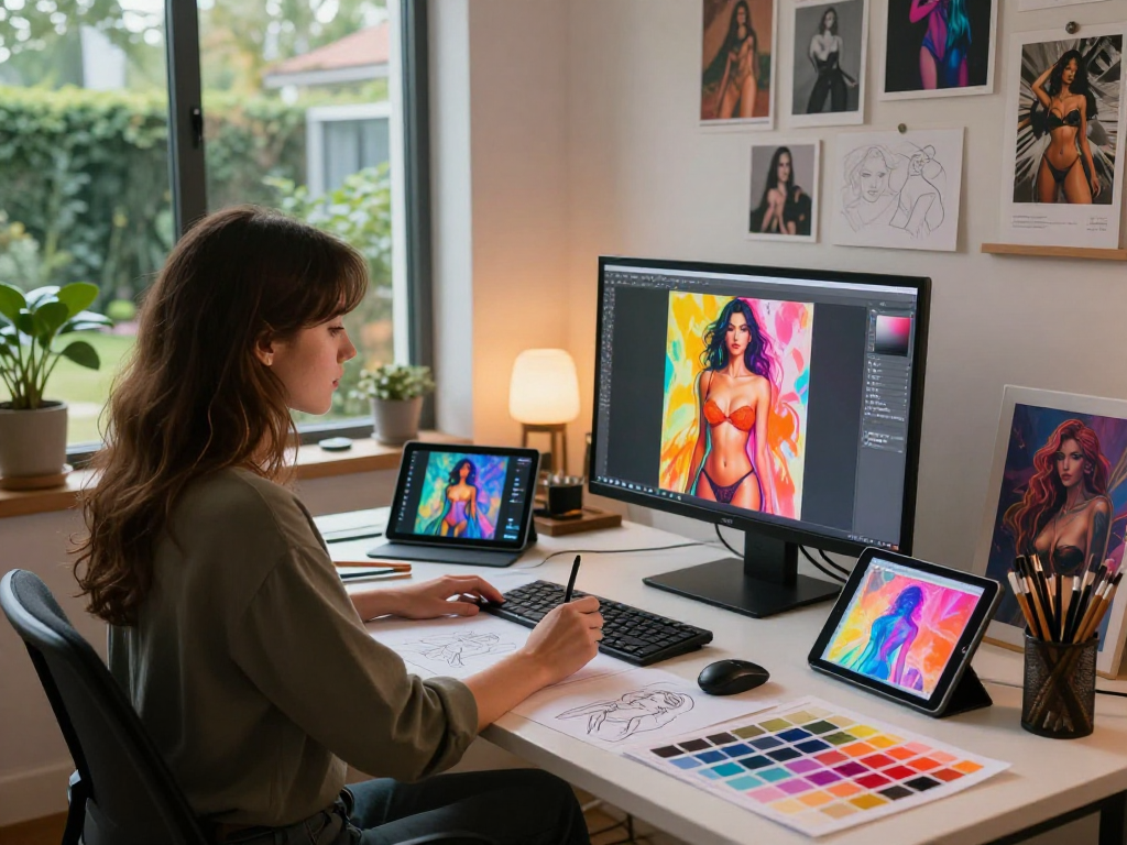 Female artist creating AI porn art in a cozy home studio filled with vibrant sketches and ambient lighting.