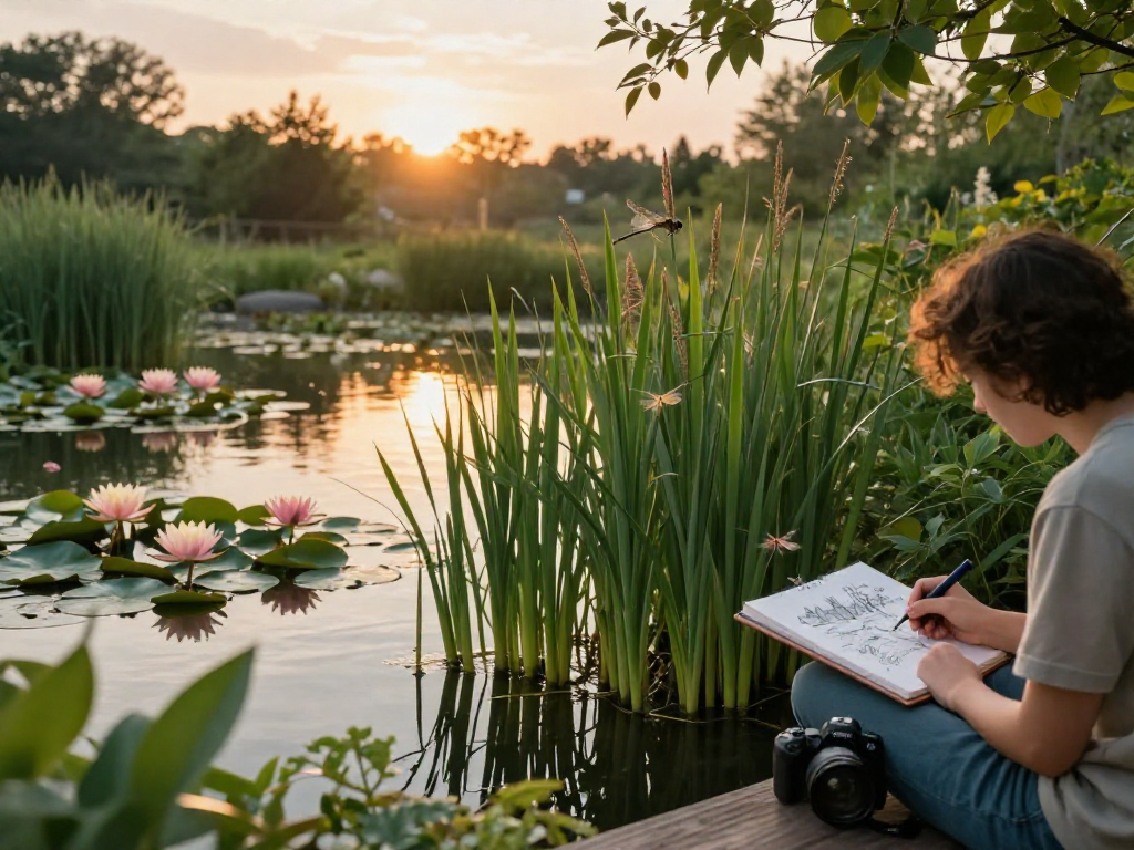 Marginal pond plants flourishing in a tranquil garden, with a person sketching the serene landscape.