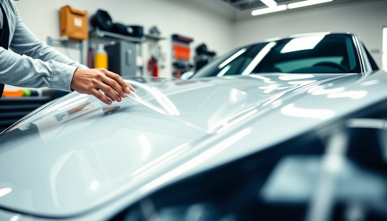Clear Bra installer expertly applying protective film to a luxury car's surface in a bright garage.