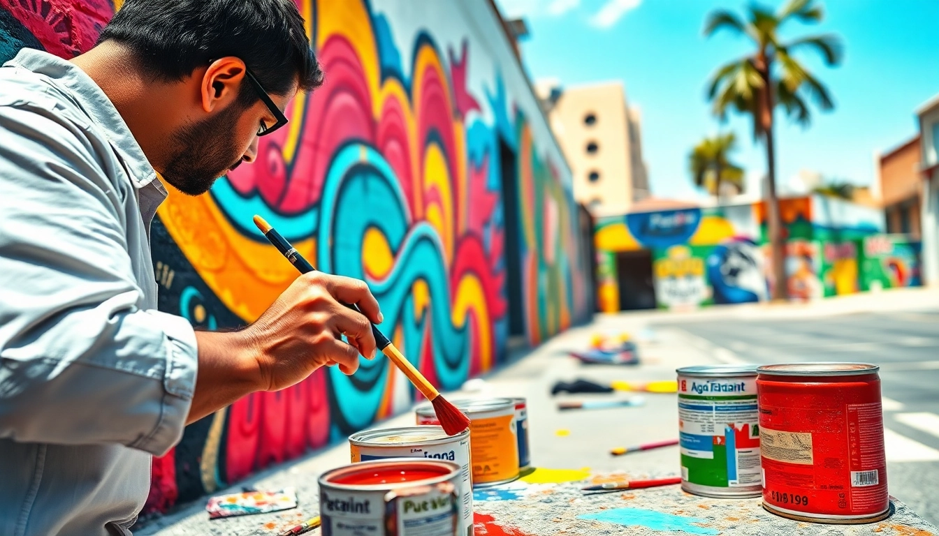 Showcasing an engaging painting apprenticeship experience with a painter working on a vibrant mural.
