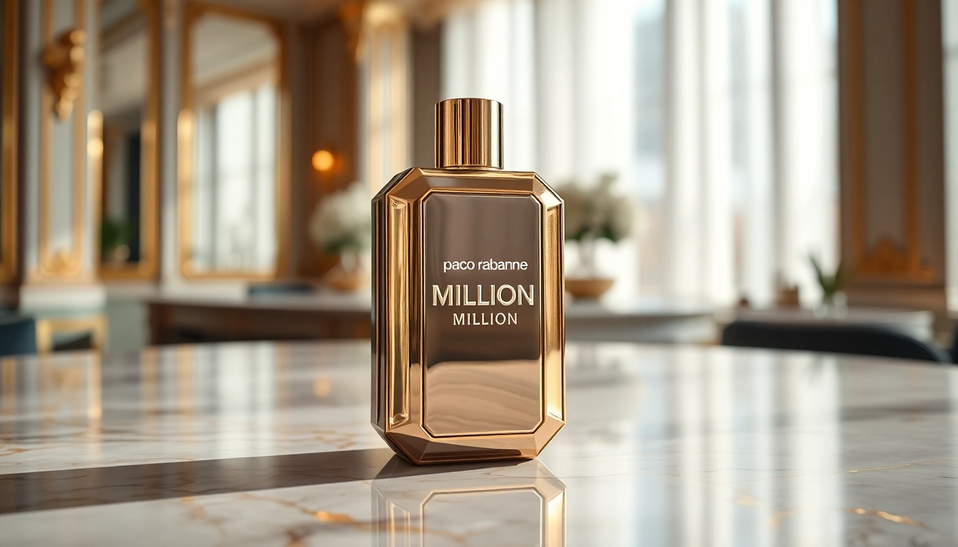 Admire the luxurious bottle of Paco Rabanne 1 Million, showcasing its elegance against a marble backdrop.