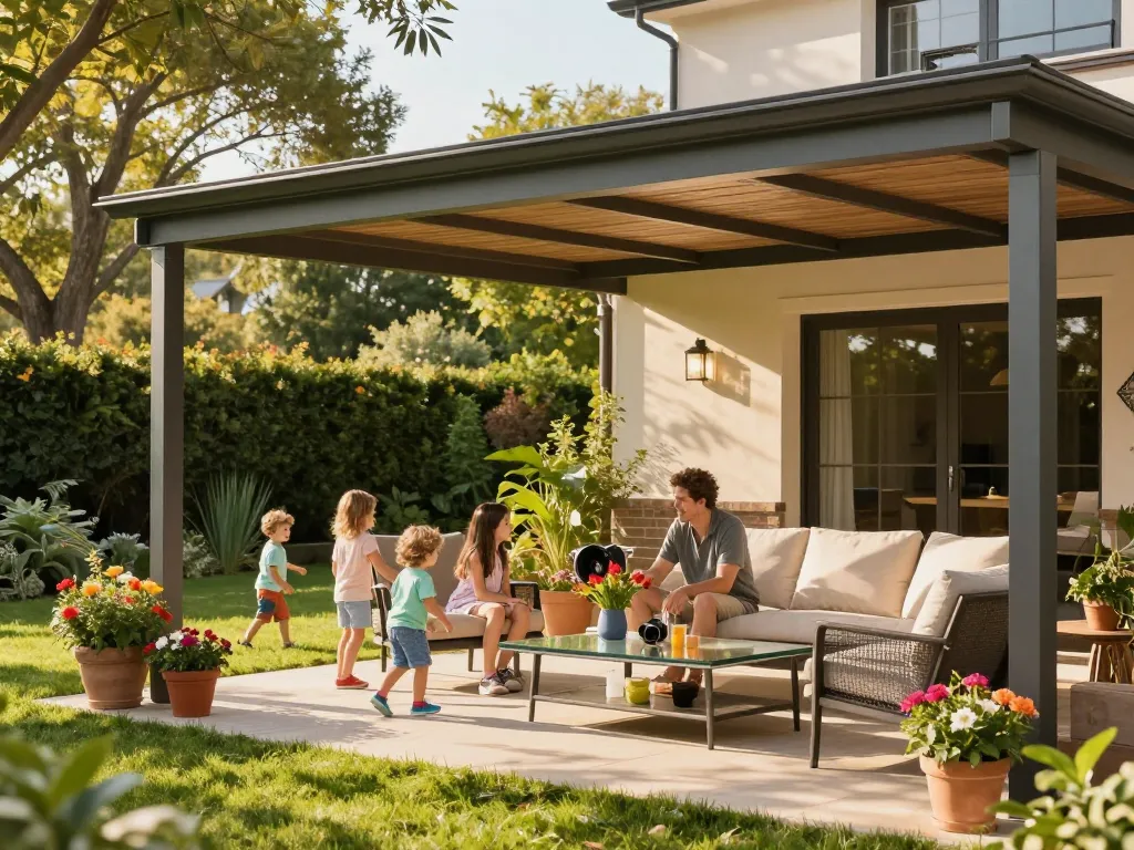 Schöne Terrassenüberdachung, die das Familienvergnügen im Freien in einer fröhlichen Gartenlandschaft verbessert.