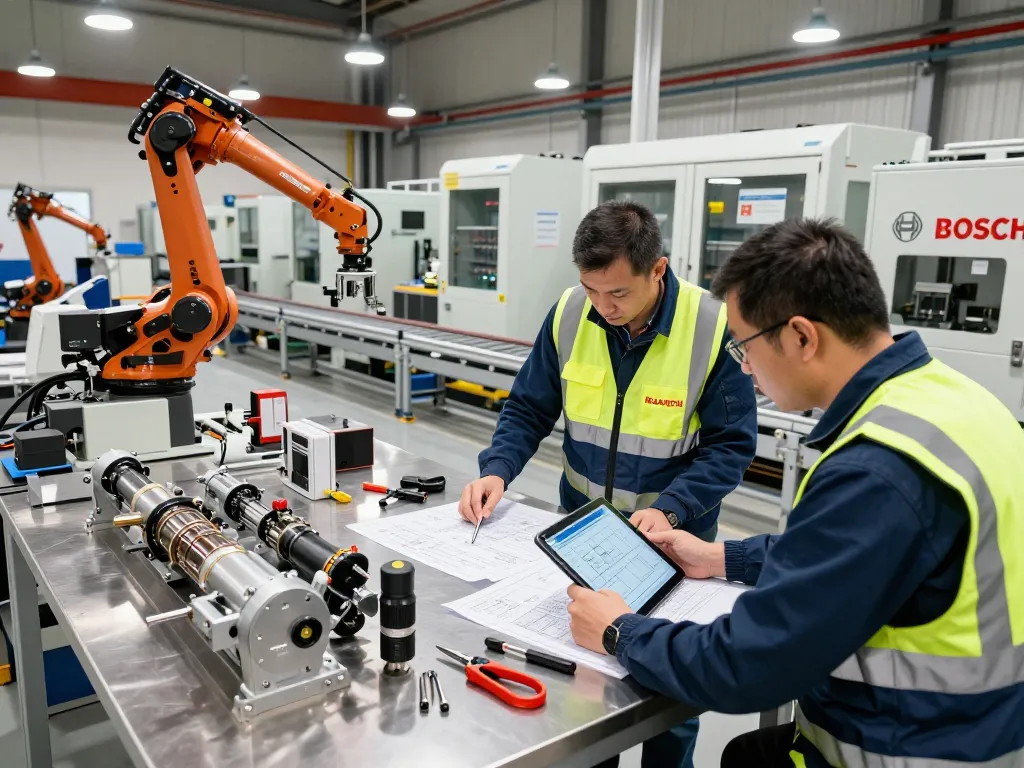 Engineers collaborating on Bosch Rexroth hydraulic solutions in a modern workshop