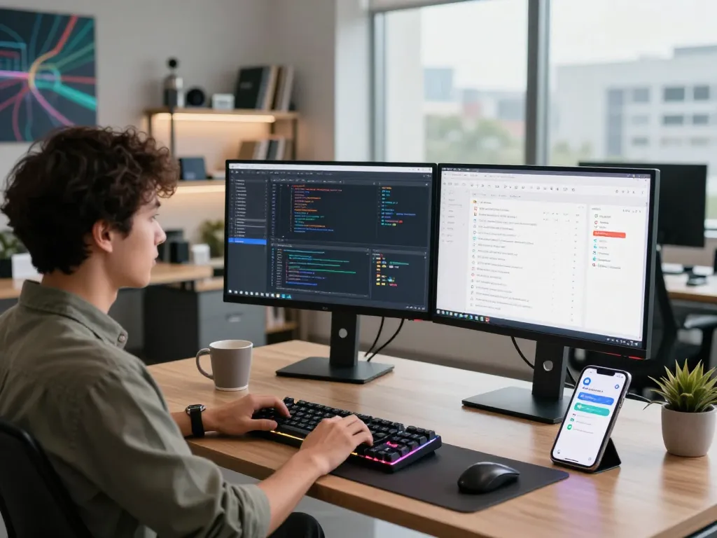 Moltbot AI workspace showcasing clawdbot setup with dual monitors, code editing, and productivity tools in a modern office.